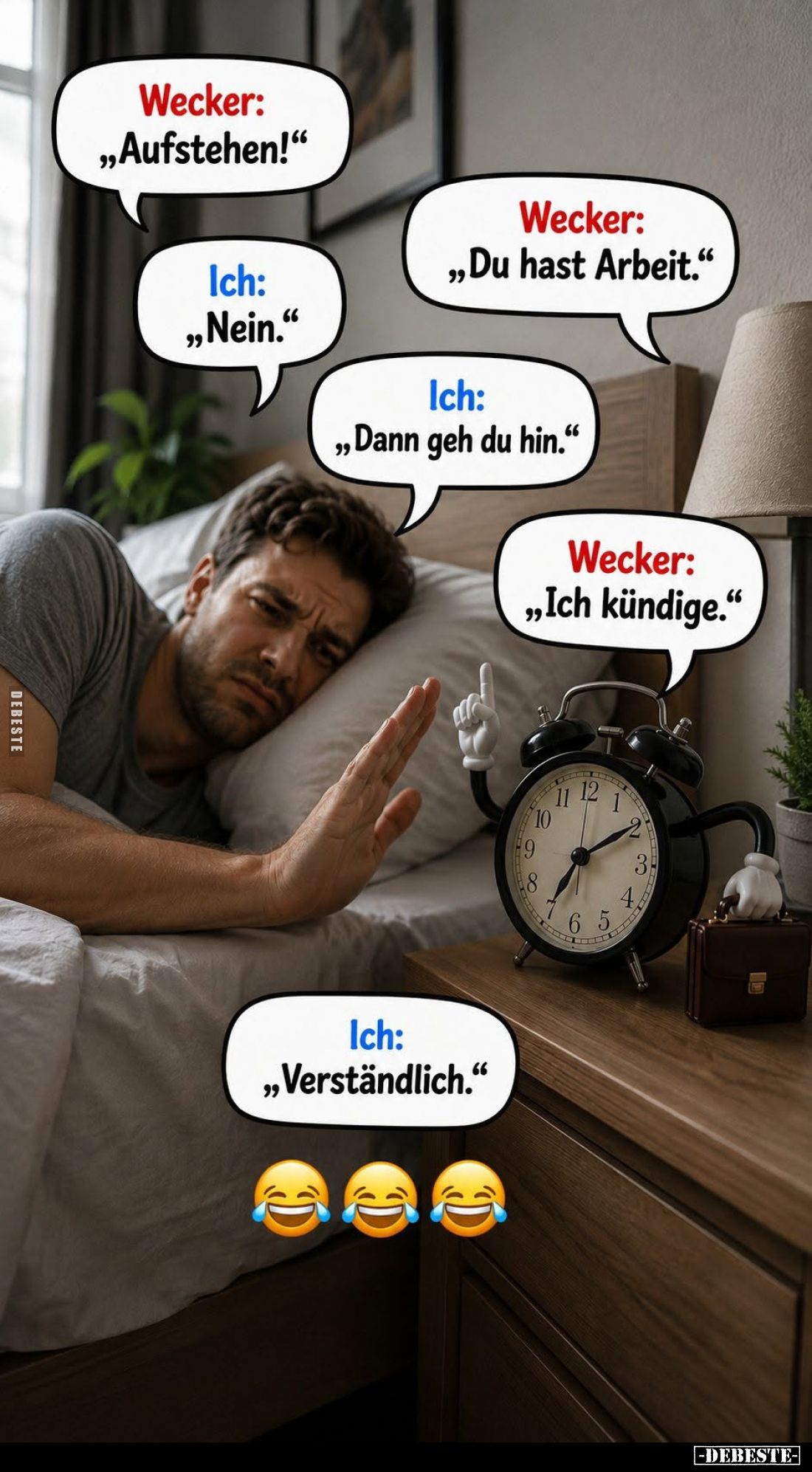 Wecker: „Aufstehen!“
Ich: „Nein.“
Wecker: „Du hast Arbeit.“
Ich: „Dann geh du hin.“
Wecker: „Ich kündige.“
Ich...