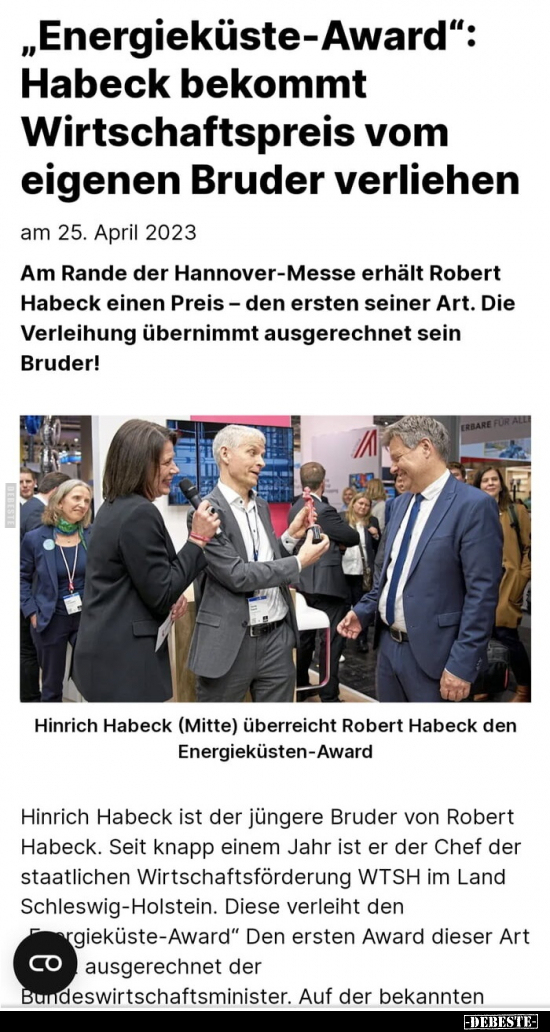 "Energieküste-Award": Habeck bekommt Wirtschaftspreis vom.. - Lustige Bilder | DEBESTE.de