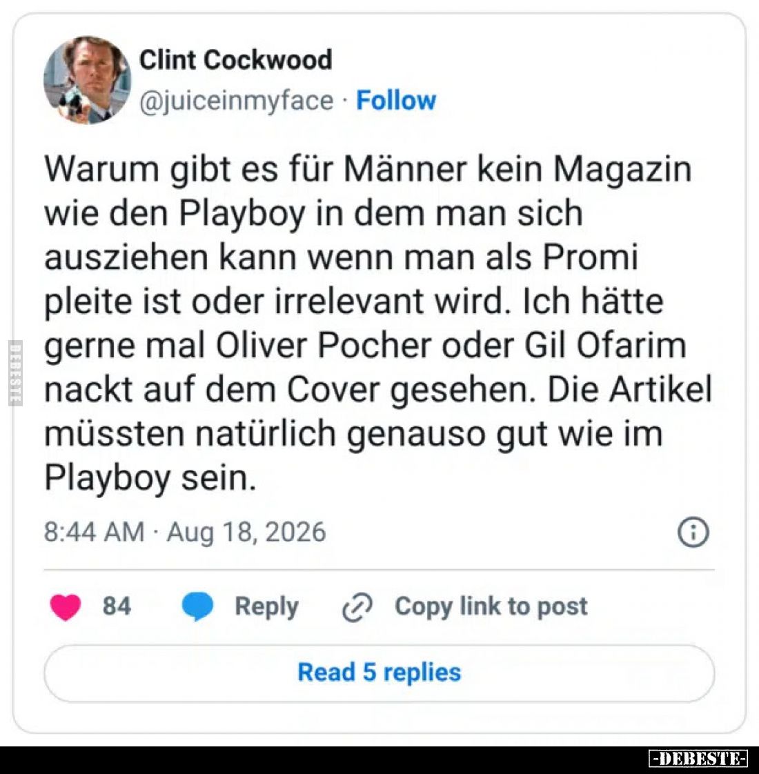 Warum gibt es für Männer kein Magazin wie den Playboy in dem man sich ausziehen kann wenn man als Promi pleite ist oder irrel...