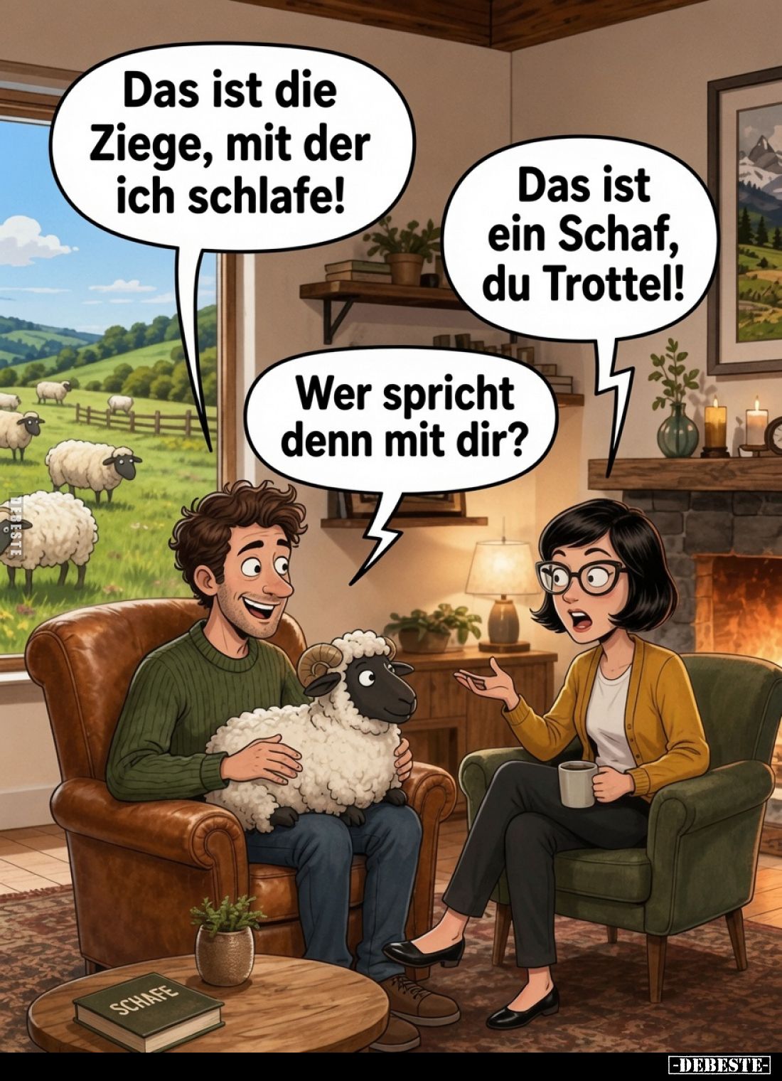 Das ist die Ziege, mit der ich schlafe!
Das ist ein Schaf, du Trottel!
Wer spricht denn mit dir?
