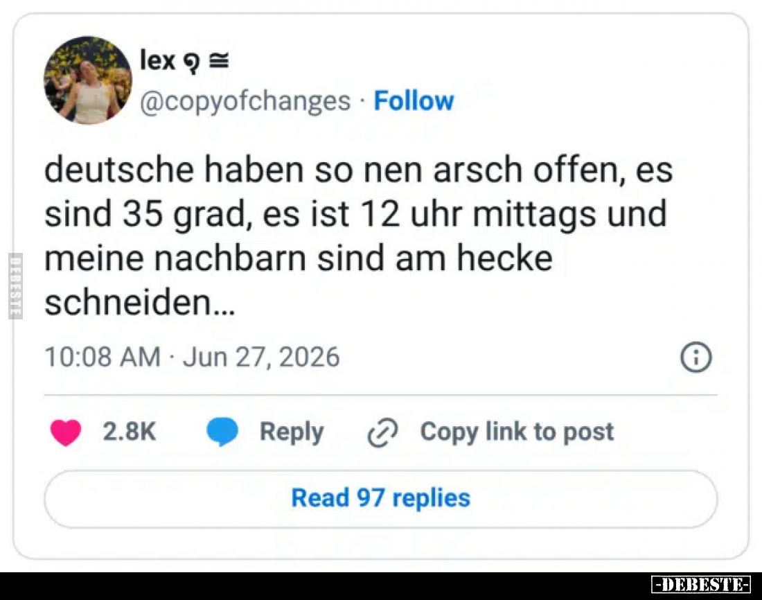 Deutsche haben so nen Arsch offen, es sind 35 Grad, es ist 12 uhr mittags und meine Nachbarn sind am Hecke schneiden…