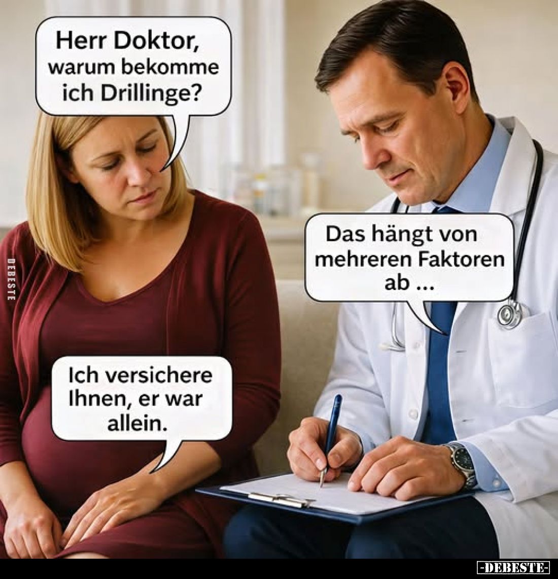 Herr Doktor, warum bekomme ich Drillinge? -
Das hängt von mehreren Faktoren ab... -
Ich versichere Ihnen, er war allein.