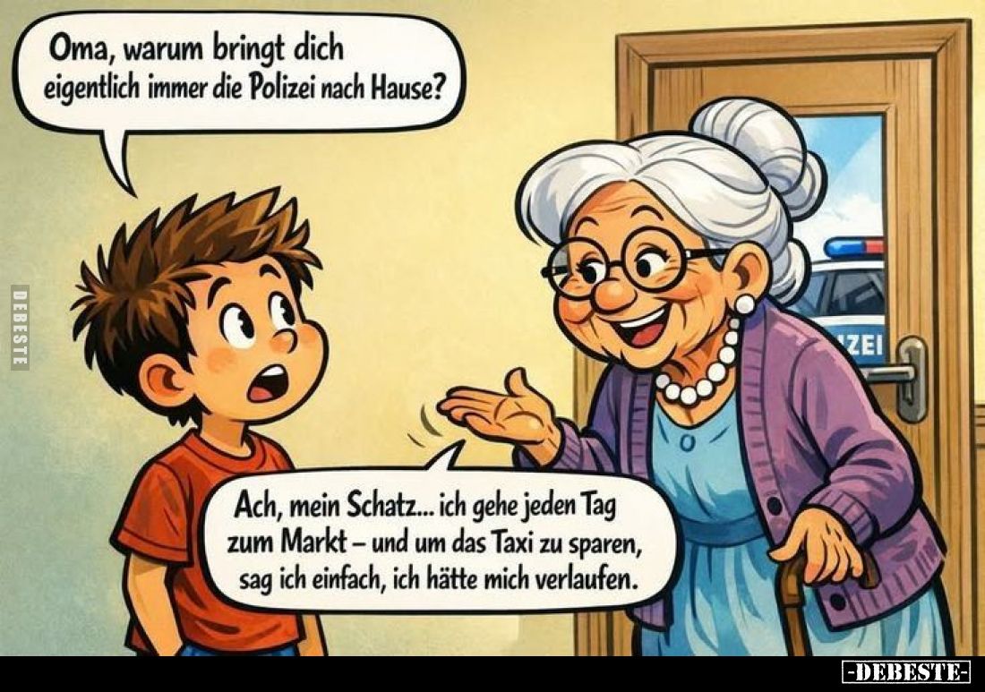 Oma, warum bringt dich eigentlich immer die Polizei nach Hause?
-
Ach, mein Schatz... ich gehe jeden Tag zum Markt - und um...