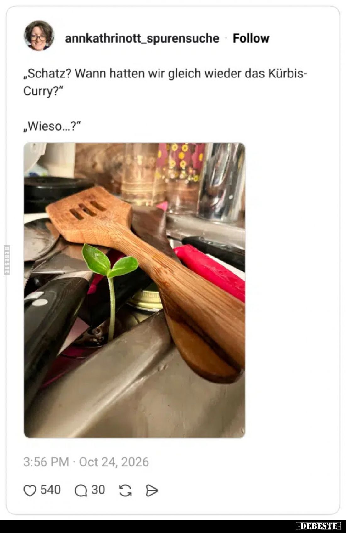 „Schatz? Wann hatten wir gleich wieder das Kürbis-Curry?“

„Wieso...?“