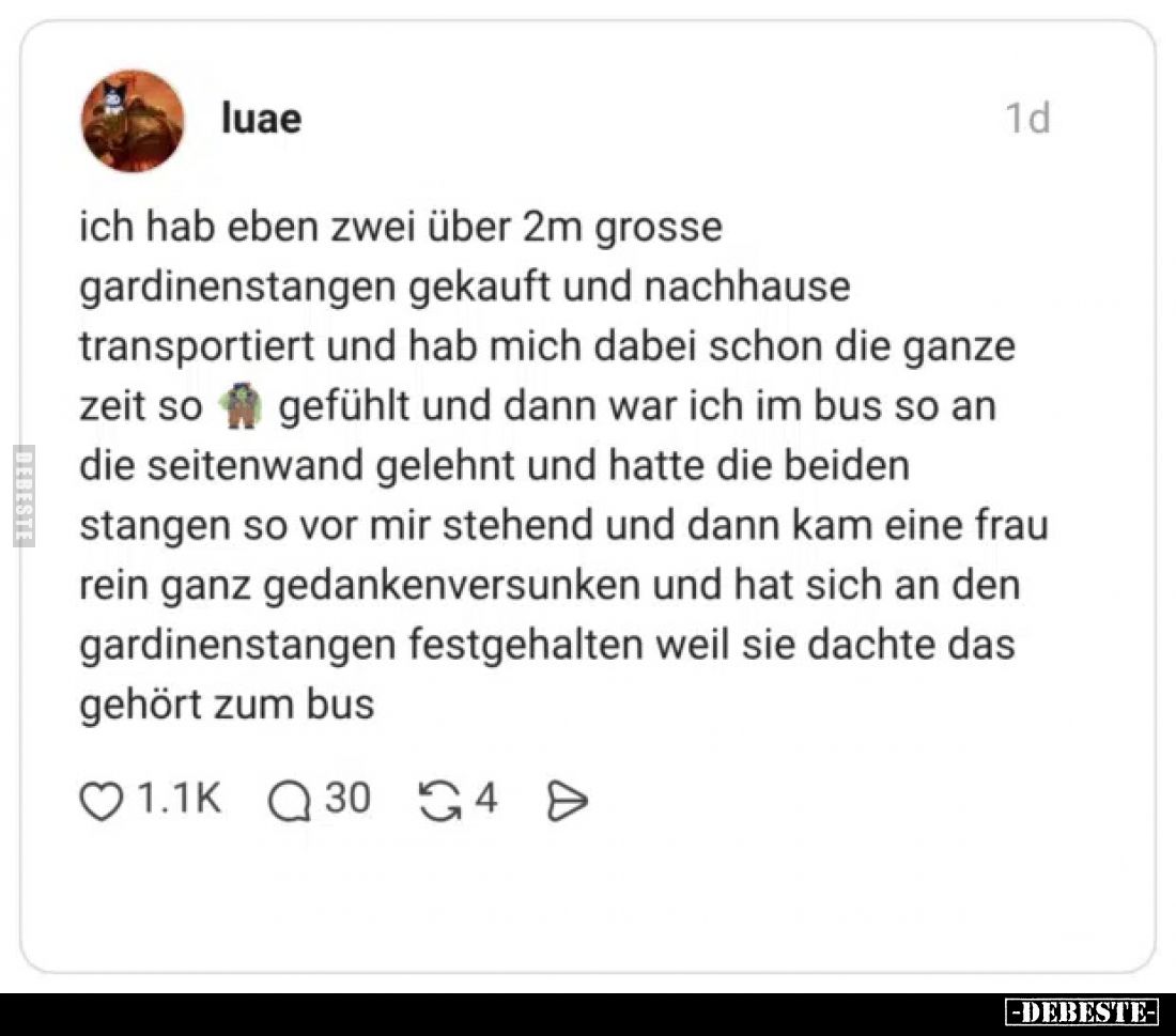 Ich habe eben zwei über 2m große Gardinenstangen gekauft und nach Hause transportiert und habe mich dabei schon die ganze Zei...