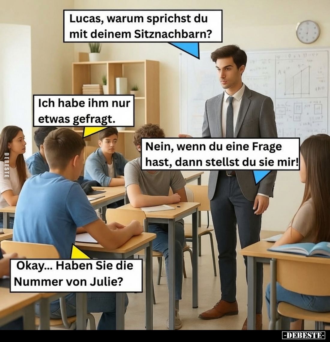 Lucas, warum sprichst du mit deinem Sitznachbarn? -
Ich habe ihm nur etwas gefragt. -
Nein, wenn du eine Frage hast, dann s...