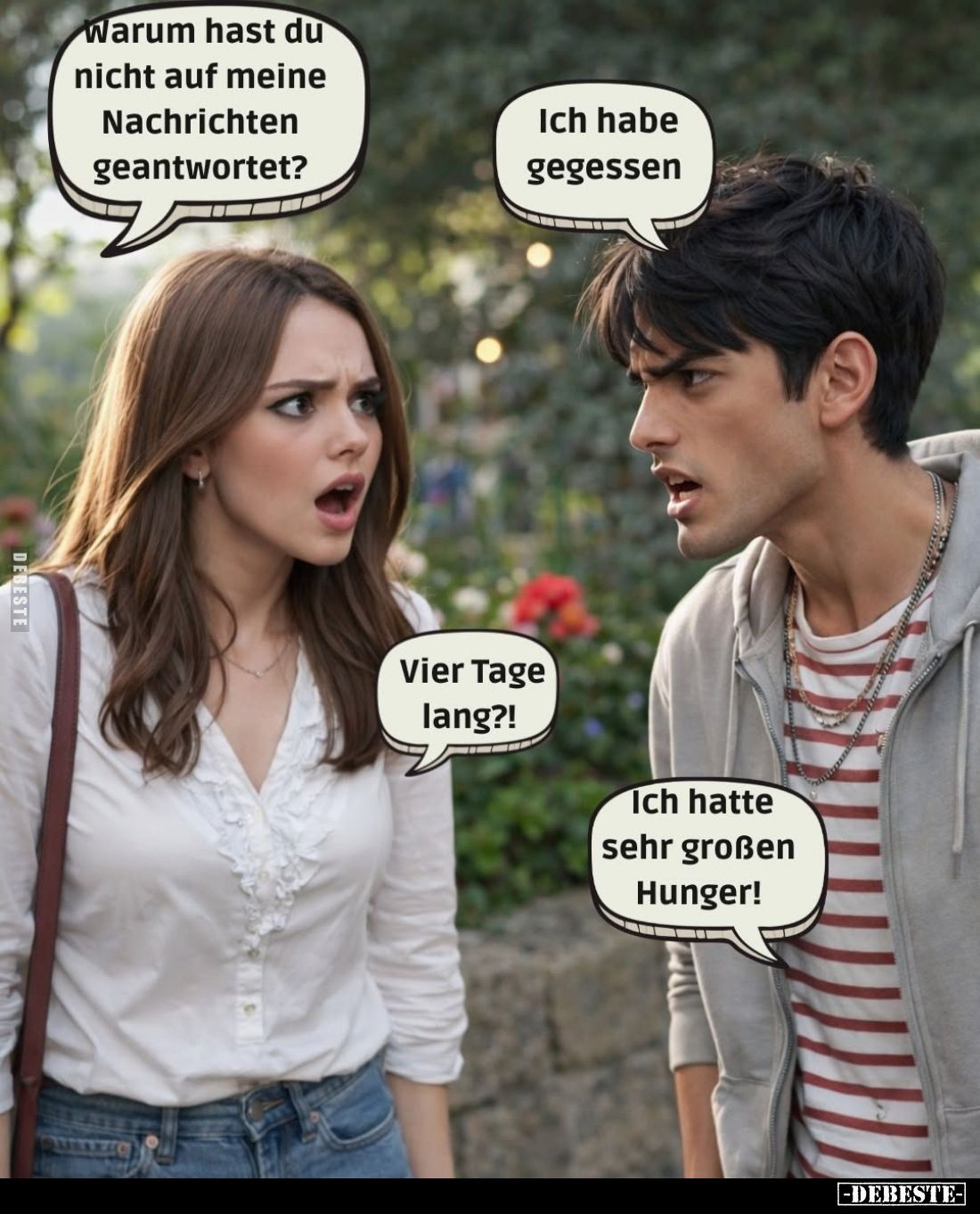 Warum hast du nicht auf meine Nachrichten geantwortet? -
Ich habe gegessen. -
Vier Tage lang?! -
Ich hatte sehr großen Hun...