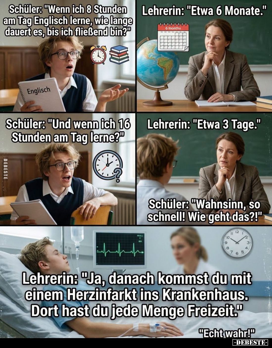 Schüler: "Wenn ich 8 Stunden am Tag Englisch lerne, wie lange dauert es, bis ich fließend bin?" - Lehrerin: "E...