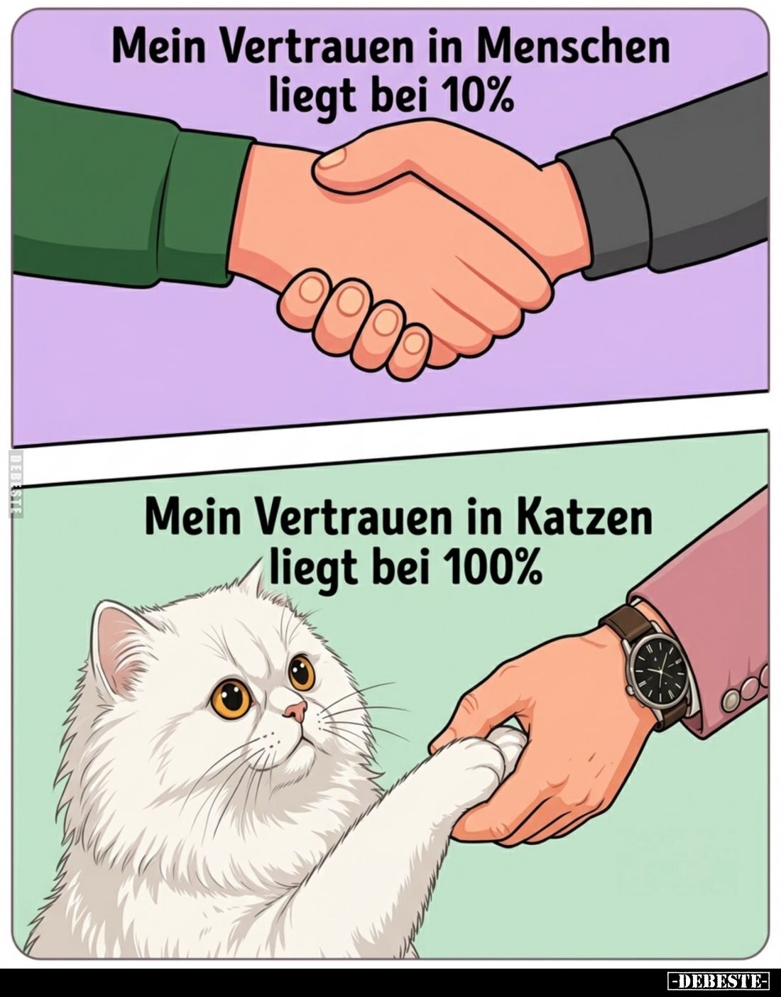 Mein Vertrauen in Menschen liegt bei 10% -
Mein Vertrauen in Katzen liegt bei 100%