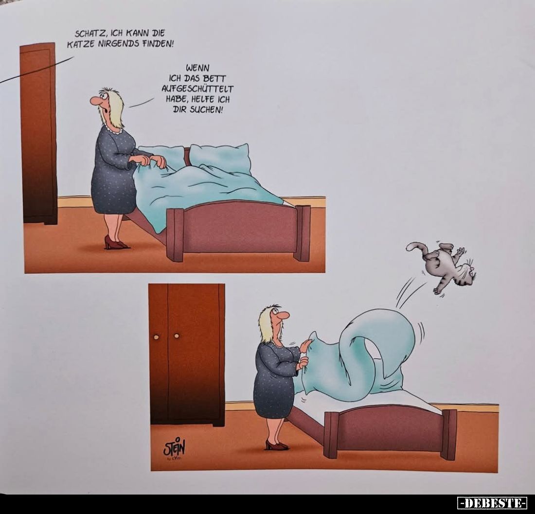 Schatz, ich kann die Katze nirgends finden. -
Wenn ich das Bett aufgeschüttelt habe, helfe ich dir suchen!