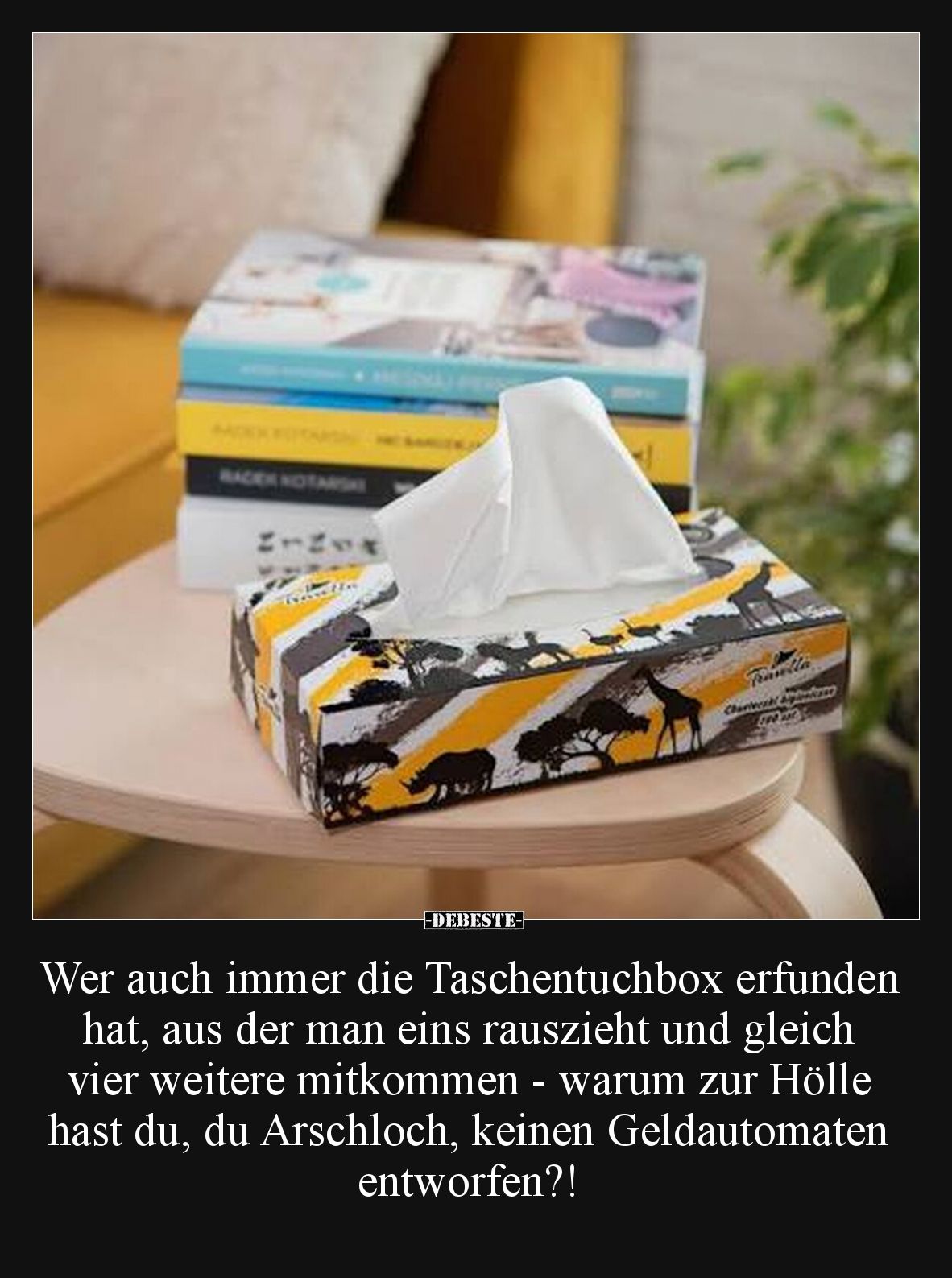 Wer auch immer die Taschentuchbox erfunden hat, aus der man eins rauszieht und gleich vier weitere mitkommen - warum zur Höll...