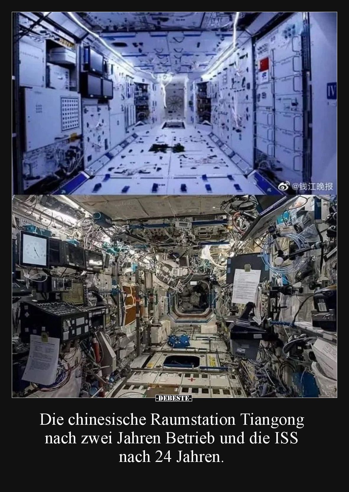 Die chinesische Raumstation Tiangong nach zwei Jahren Betrieb und die ISS nach 24 Jahren