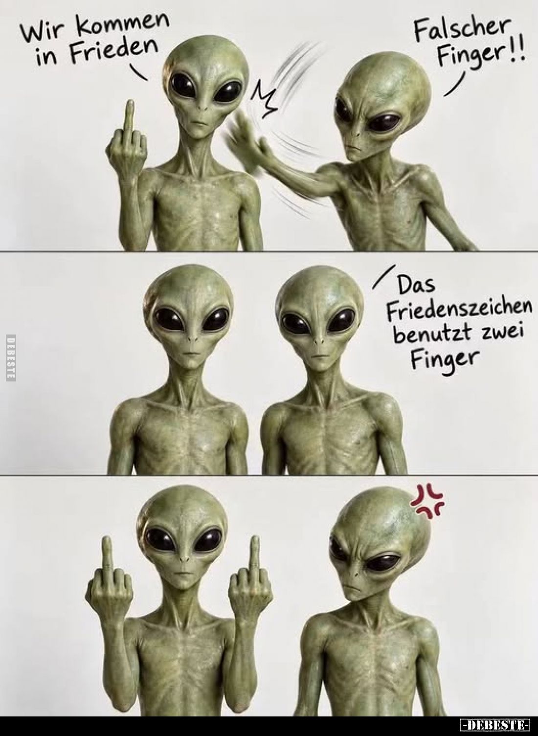 Wir kommen in Frieden
-
Falscher Finger!!
-
Das Friedenszeichen benutzt zwei Finger