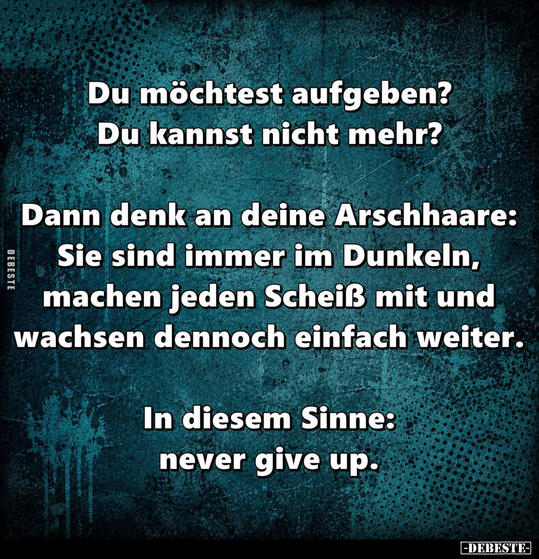 Du möchtest aufgeben?
Du kannst nicht mehr?
Dann denk an deine Arschhaare:
Sie sind immer im Dunkeln, machen jeden Scheiß ...