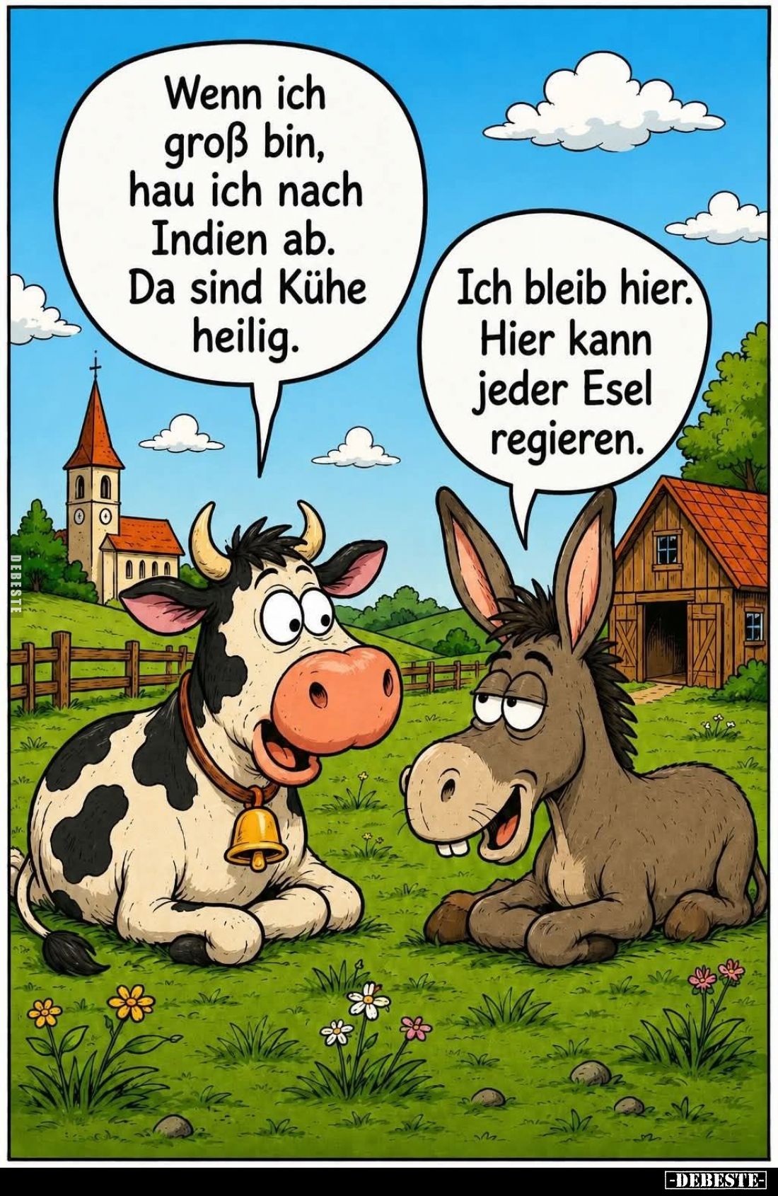 Wenn ich groß bin, hau ich nach Indien ab.
Da sind Kühe heilig. -
Ich bleib hier. Hier kann jeder Esel regieren.