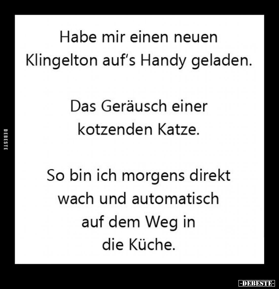 Habe mir einen neuen Klingelton auf's Handy geladen.
Das Geräusch einer kotzenden Katze.
So bin ich morgens direkt wach und...