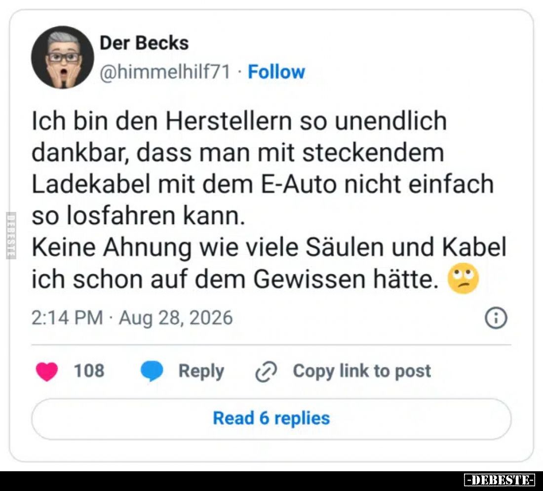 Ich bin den Herstellern so unendlich dankbar, dass man mit steckendem Ladekabel mit dem E-Auto nicht einfach so losfahren kan...