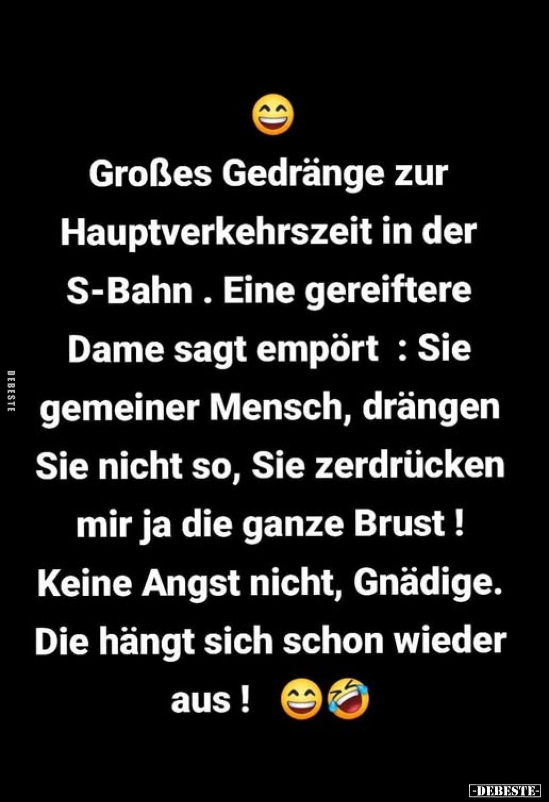 Großes Gedränge zur Hauptverkehrszeit in der S-Bahn. Eine gereiftere Dame sagt empört : Sie gemeiner Mensch, drängen Sie nich...