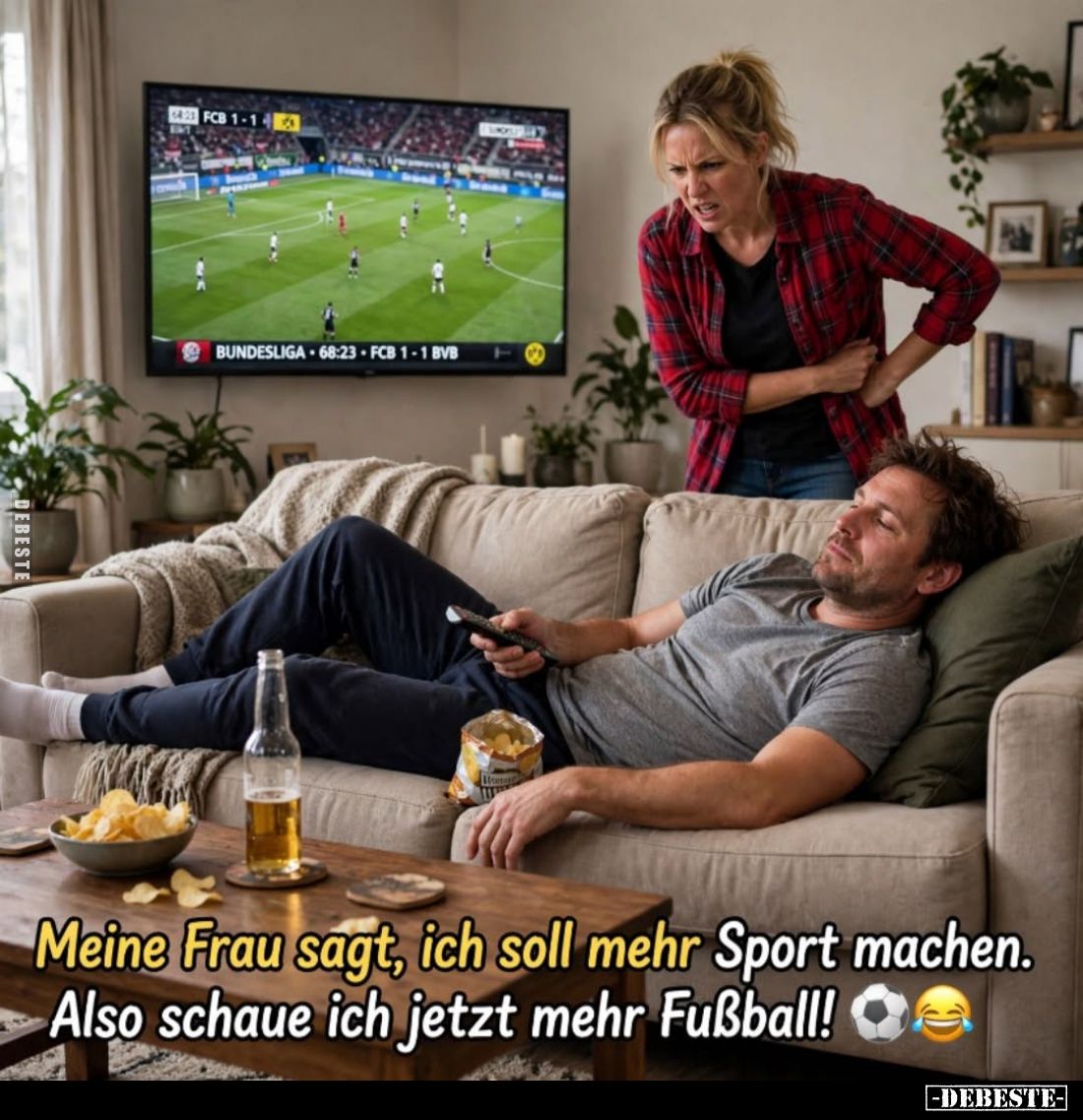 Meine Frau sagt, ich soll mehr Sport machen. Also schaue ich jetzt mehr Fußball!