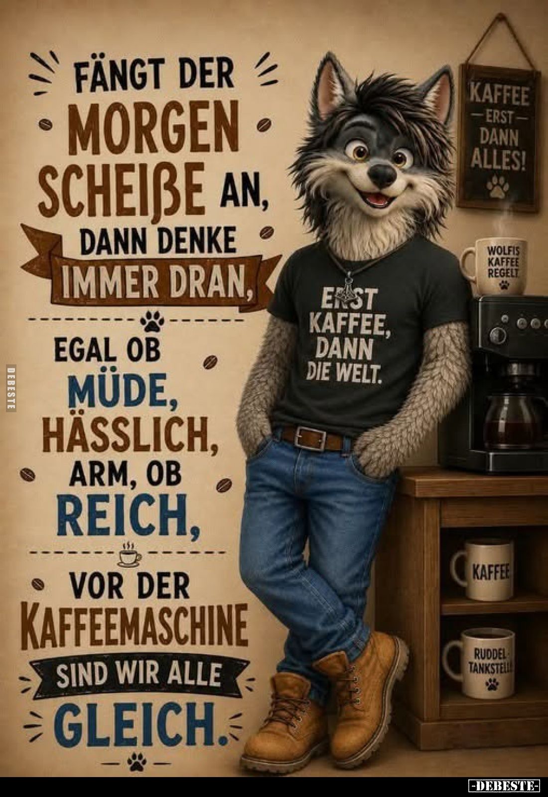 Fängt der Morgen scheiße an, dann denke immer dran, egal ob müde, hässlich, arm, ob reich, vor der Kaffeemaschine sind wir al...