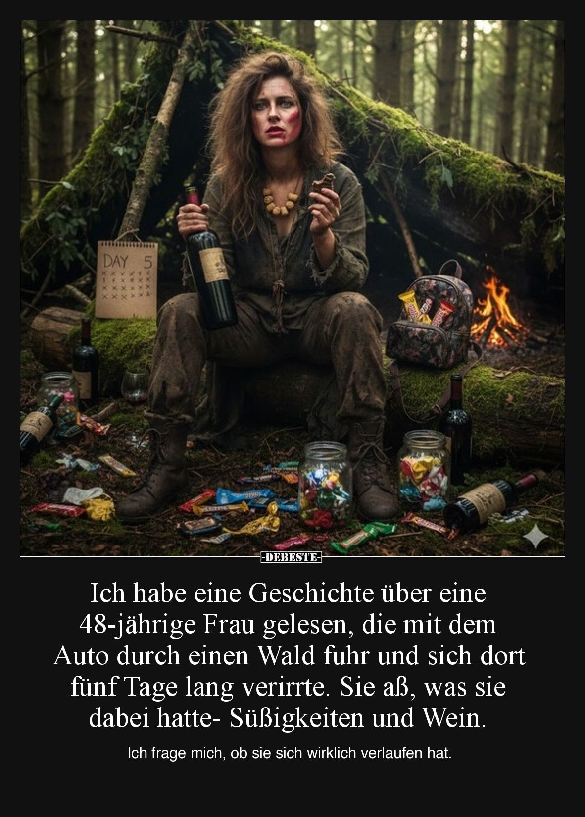 Ich habe eine Geschichte über eine 48-jährige Frau gelesen, die mit dem Auto durch einen Wald fuhr und sich dort fünf Tage la...