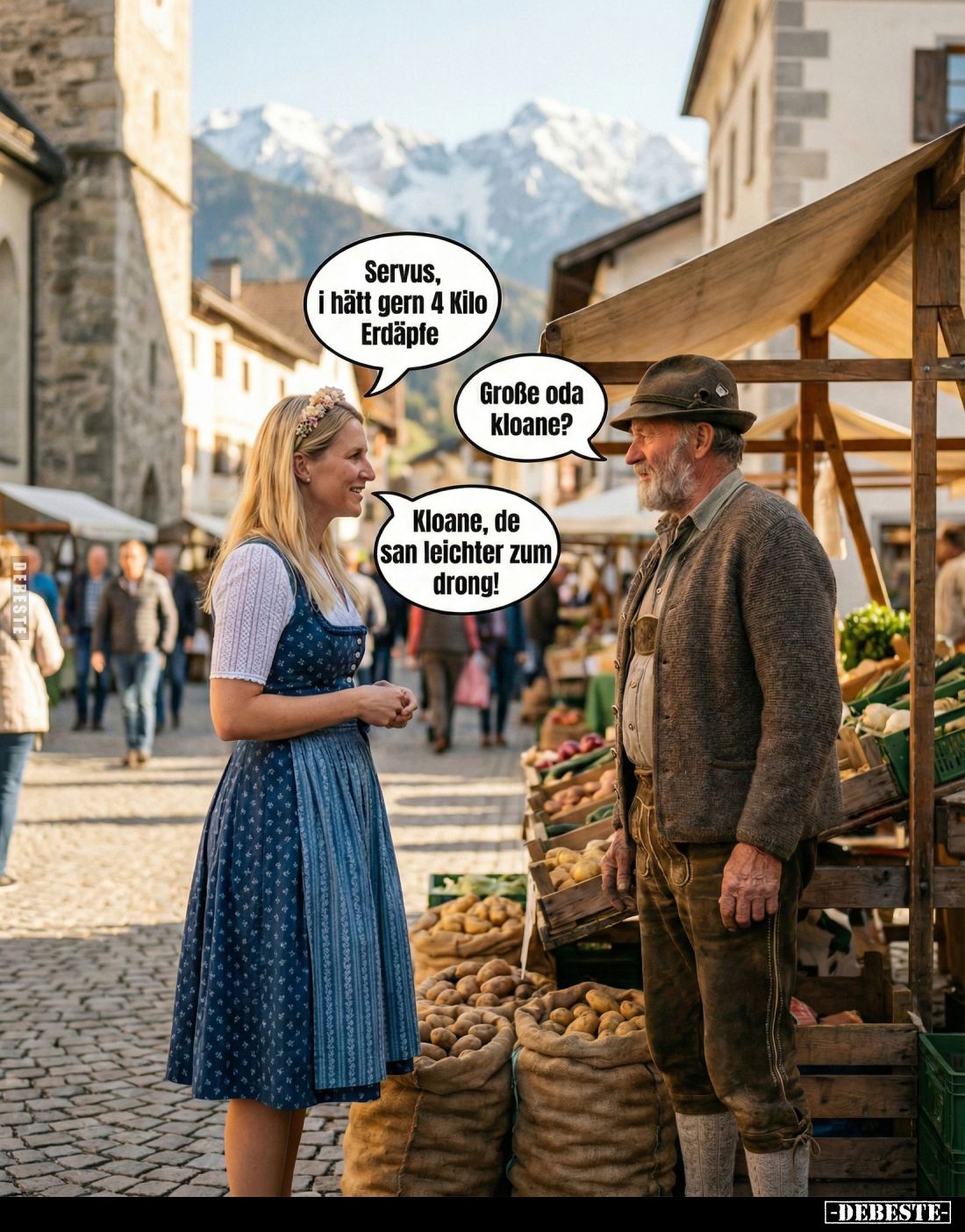 Servus, i hätt gern 4 Kilo Erdäpfe. -
Große oda kloane? -
Kloane, de san leichter zum drong!