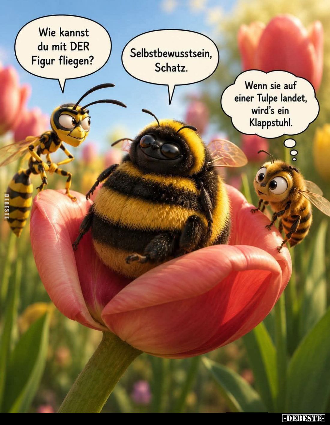 Wie kannst du mit DER Figur fliegen? -
Selbstbewusstsein, Schatz. -
Wenn sie auf einer Tulpe landet, wird's ein Klappstuhl.