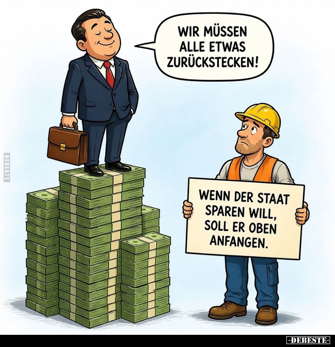 Wir müssen alle etwas zurückstecken!
-
Wenn der Staat sparen will, soll er oben anfangen.