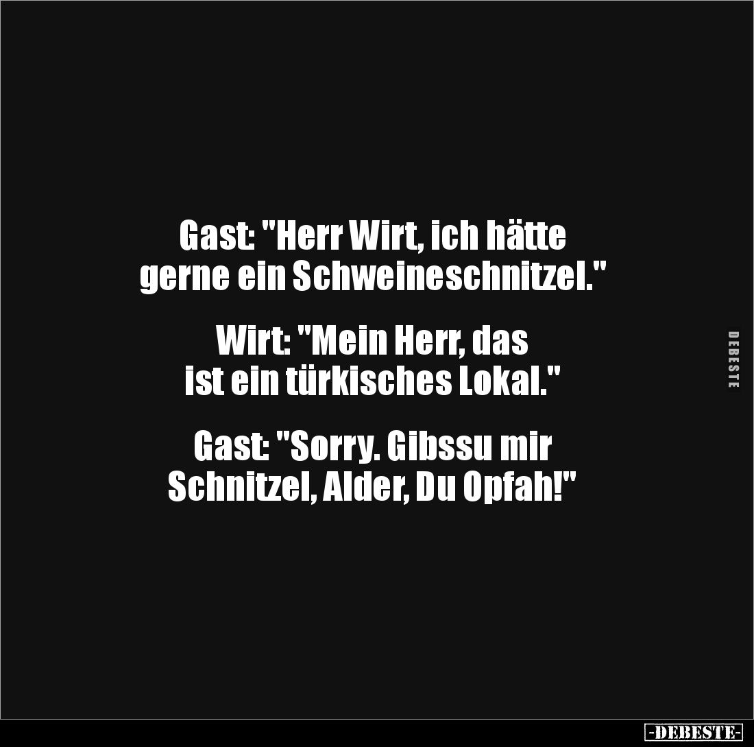 Gast: "Herr Wirt, ich hätte
gerne ein Schweineschnitzel."
Wirt: "Mein Herr, das
ist ein türkisches L...