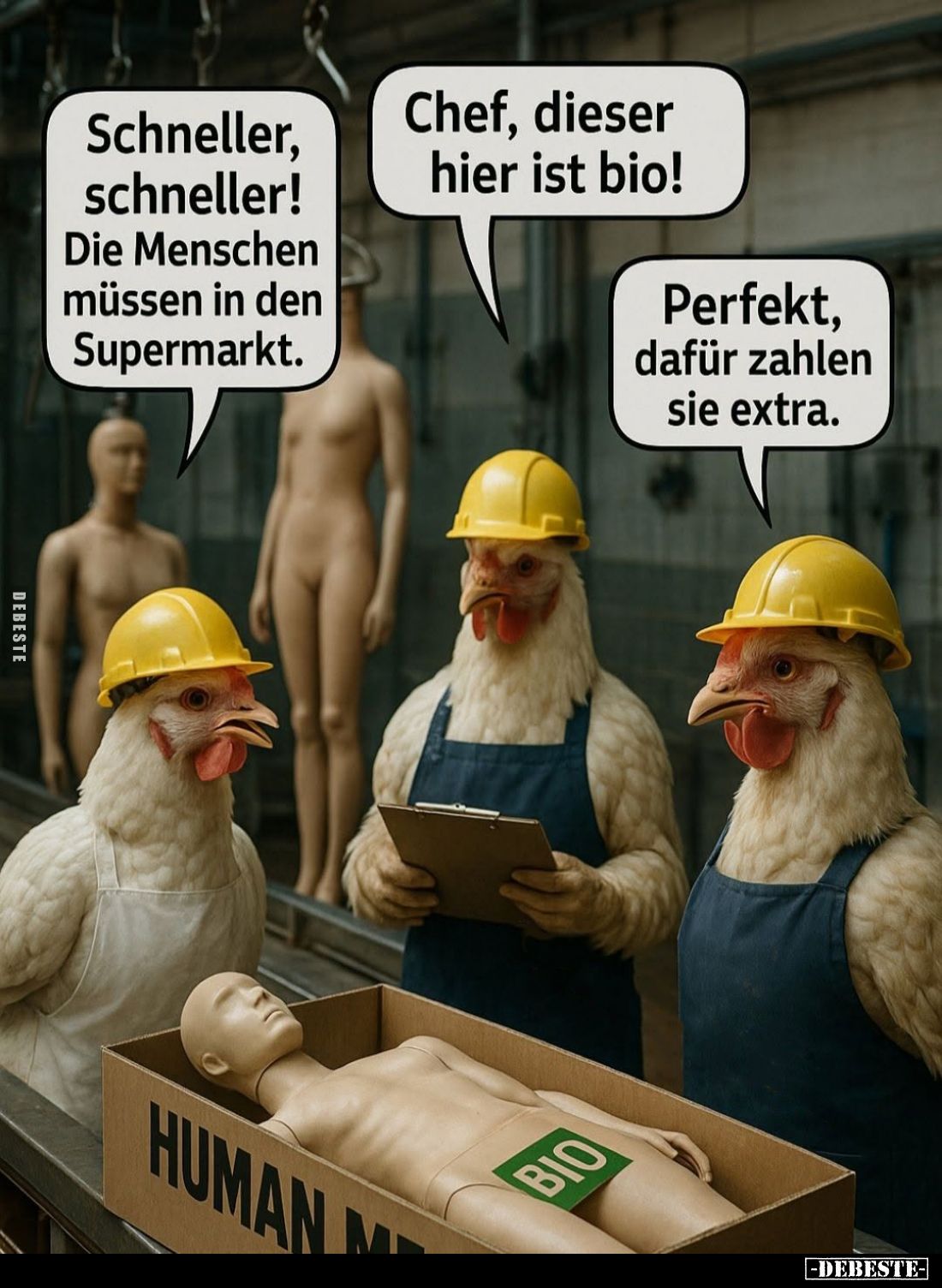 Schneller, schneller!
Die Menschen müssen in den Supermarkt. -
Chef, dieser hier ist bio! -
Perfekt, dafür zahlen sie extr...
