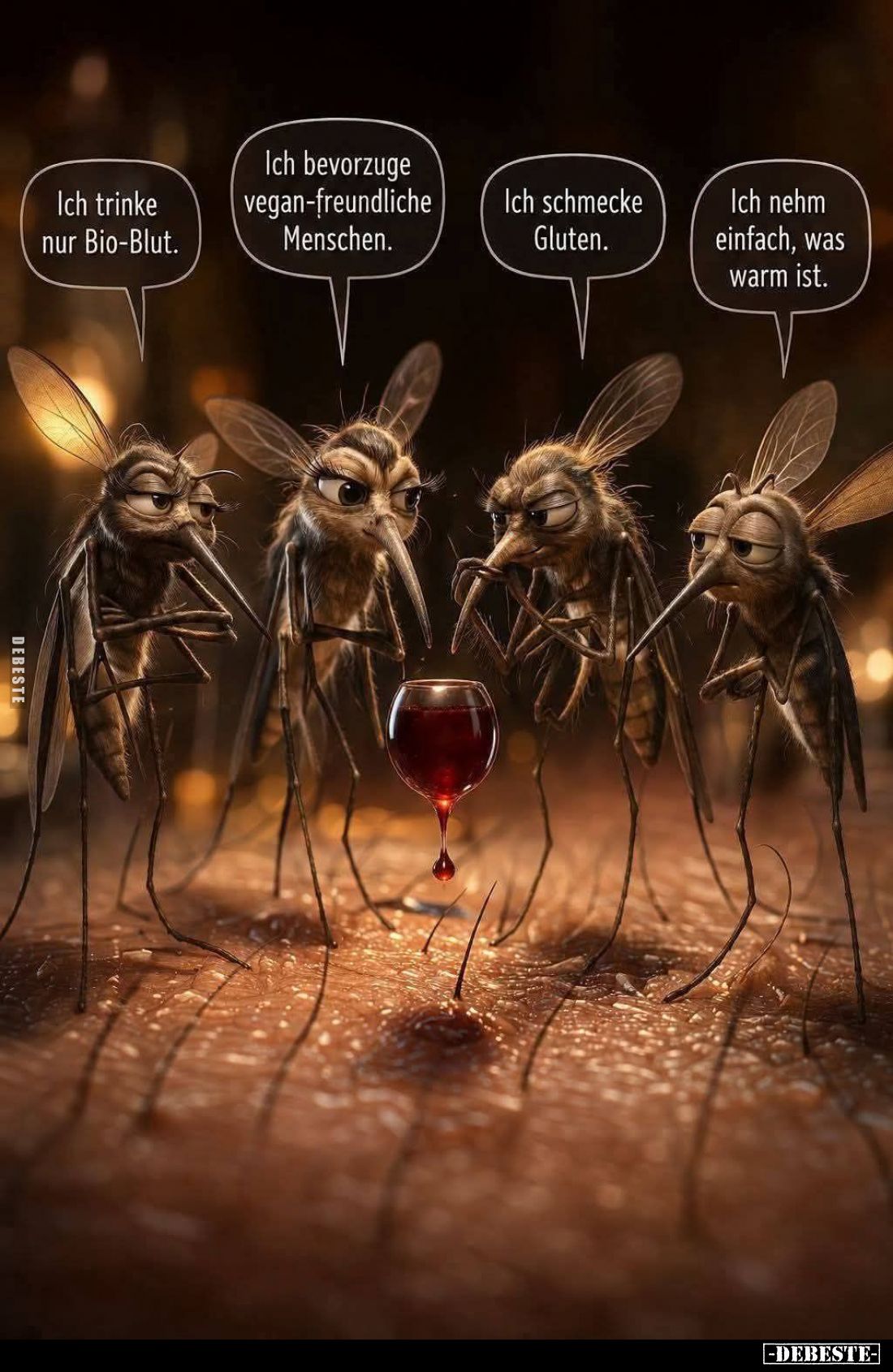 Ich trinke nur Bio-Blut. -
Ich bevorzuge vegan-freundliche Menschen. -
Ich schmecke Gluten. -
Ich nehm einfach, was warm i...