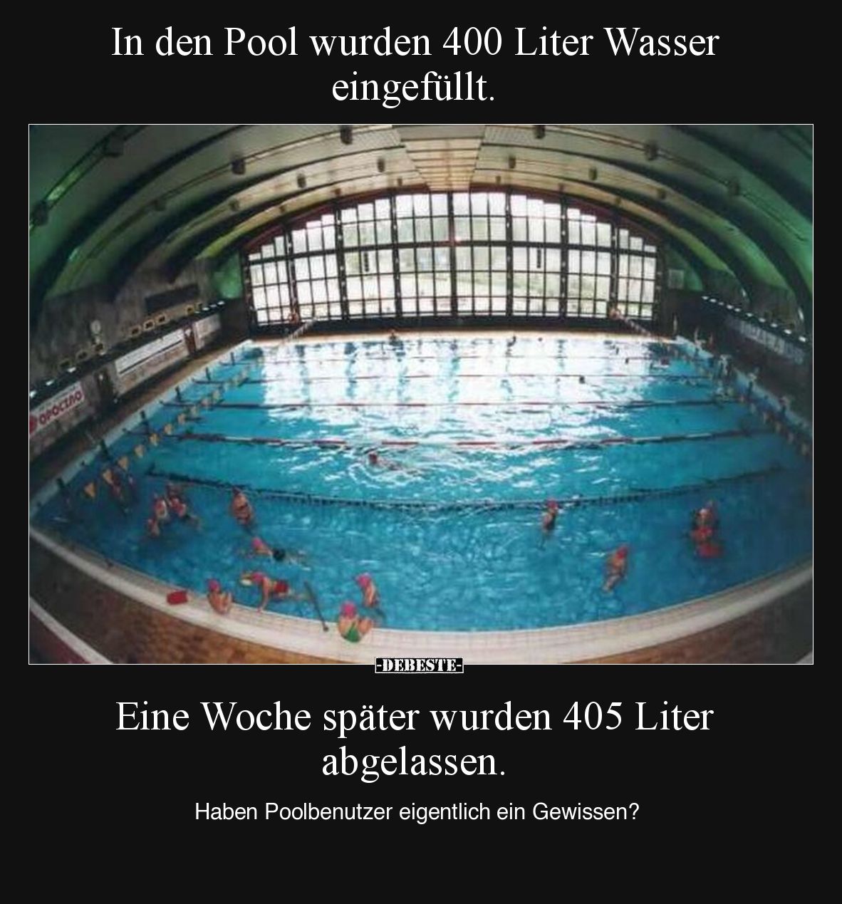In den Pool wurden 400 Liter Wasser eingefüllt.
Eine Woche später wurden 405 Liter abgelassen.
Haben Poolbenutzer eigentlic...