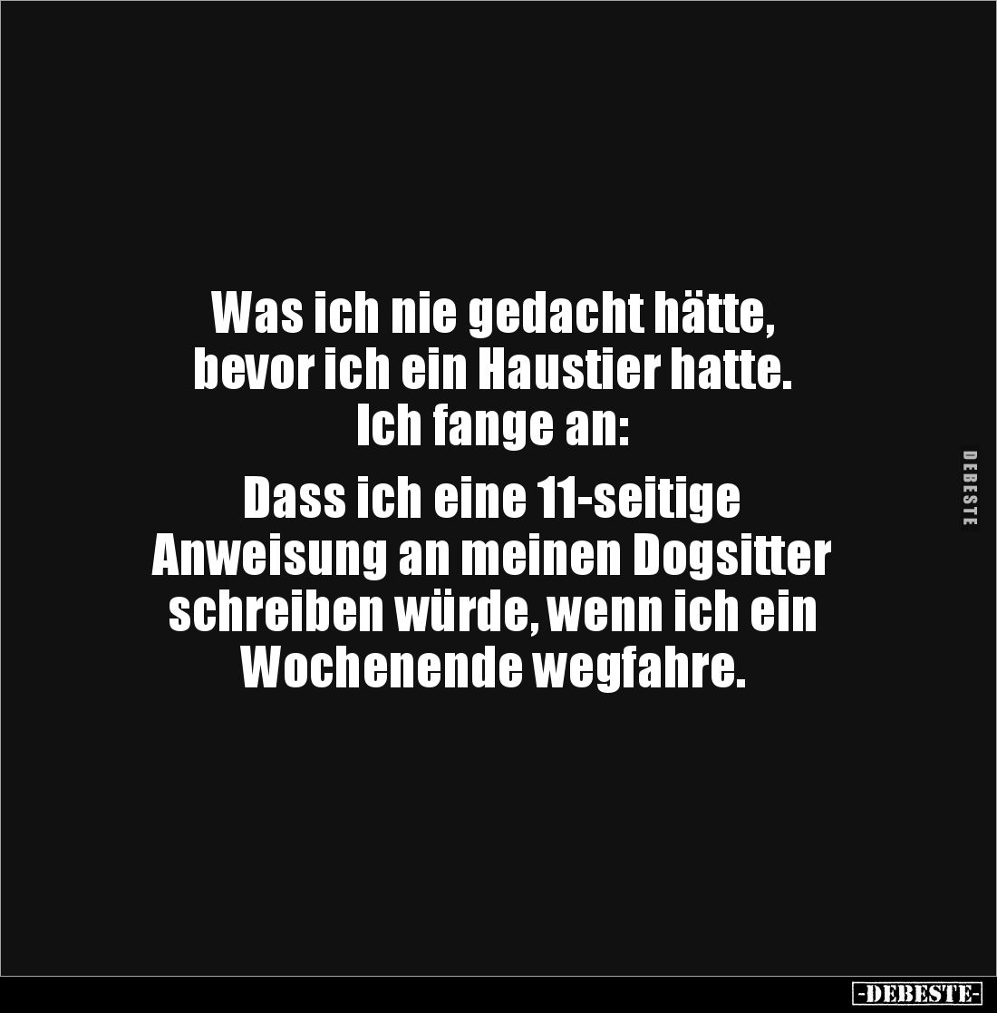 Was ich nie gedacht hätte,
bevor ich ein Haustier hatte. 
Ich fange an: 

Dass ich eine 11-seitige 
Anweisung an meinen ...