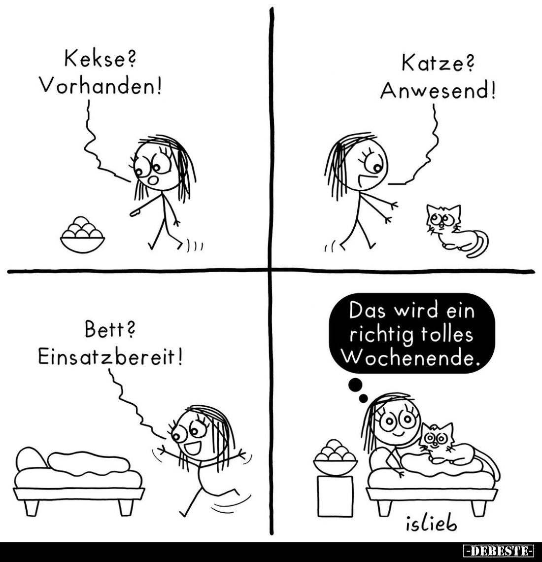 Kekse? Vorhanden!
Katze? Anwesend!
Bett? Einsatzbereit!
Das wird ein richtig tolles Wochenende.