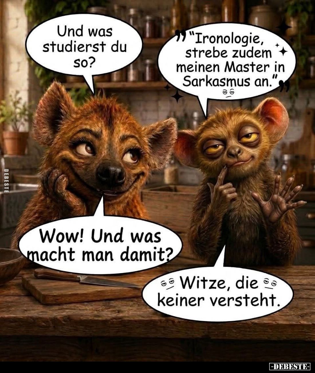 Und was studierst du so? -
Ironologie, strebe zudem meinen Master in Sarkasmus an. -
Wow! Und was macht man damit? -
Witze...
