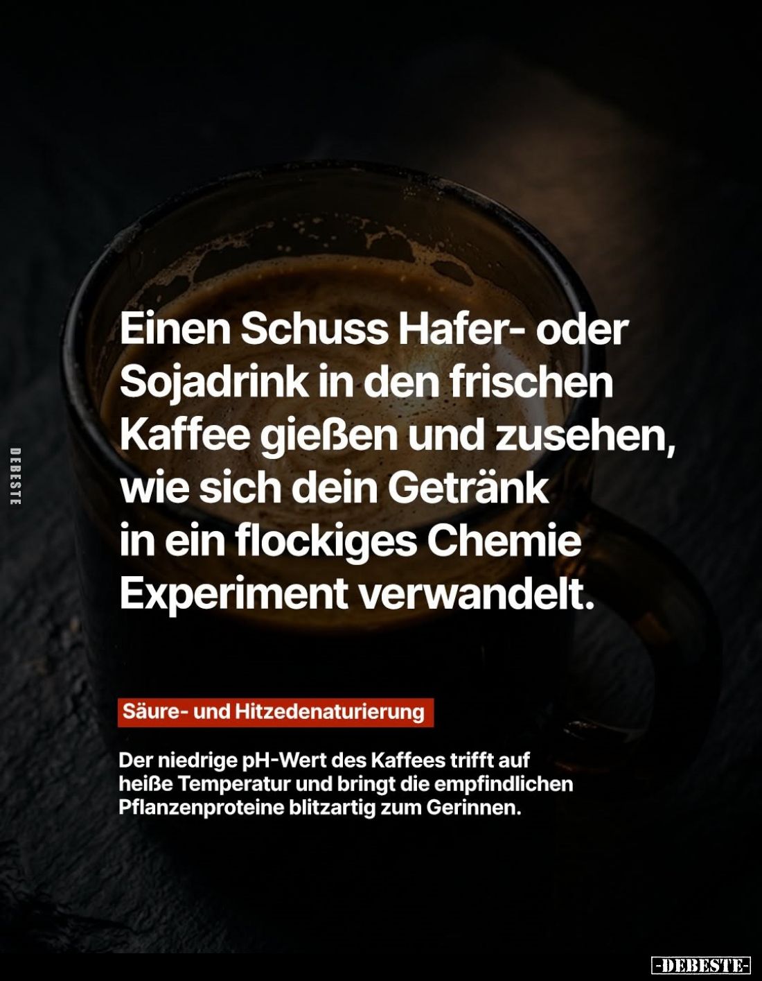 Einen Schuss Hafer- oder Sojadrink in den frischen Kaffee gießen und zusehen, wie sich dein Getränk in ein flockiges Chemie E...