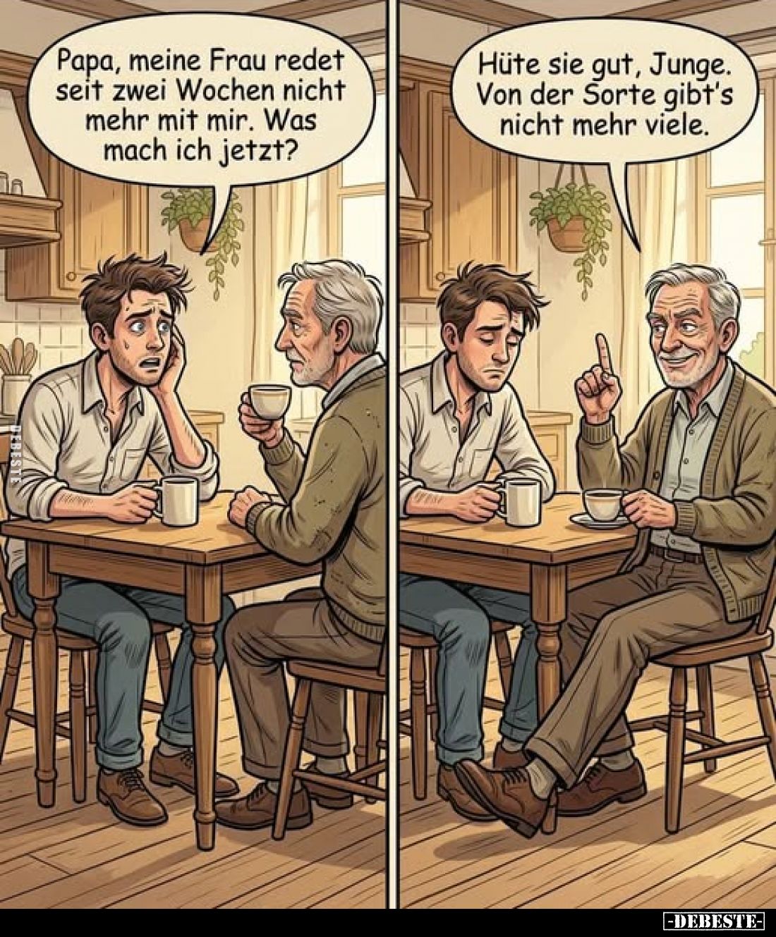 Papa, meine Frau redet seit zwei Wochen nicht mehr mit mir. Was mach ich jetzt? -
Hüte sie gut, Junge. Von der Sorte gibt's ...