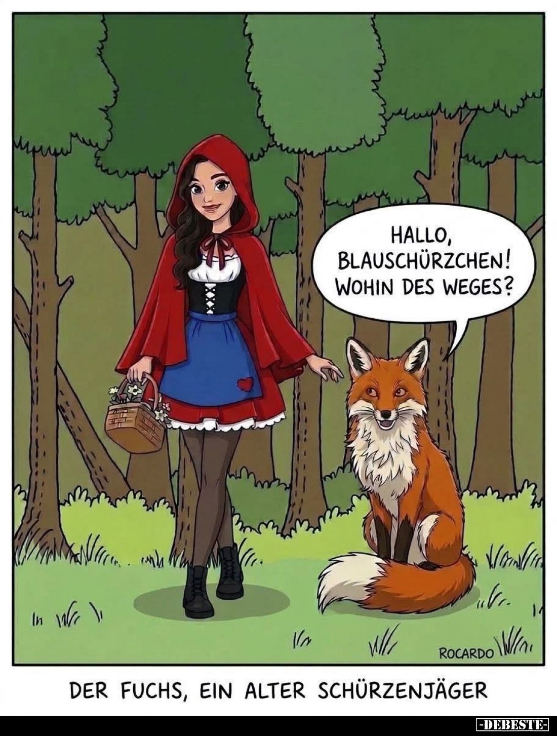 Der Fuchs, ein alter Schürzenjäger. - Hallo, Blauschürzchen! Wohin des Weges?