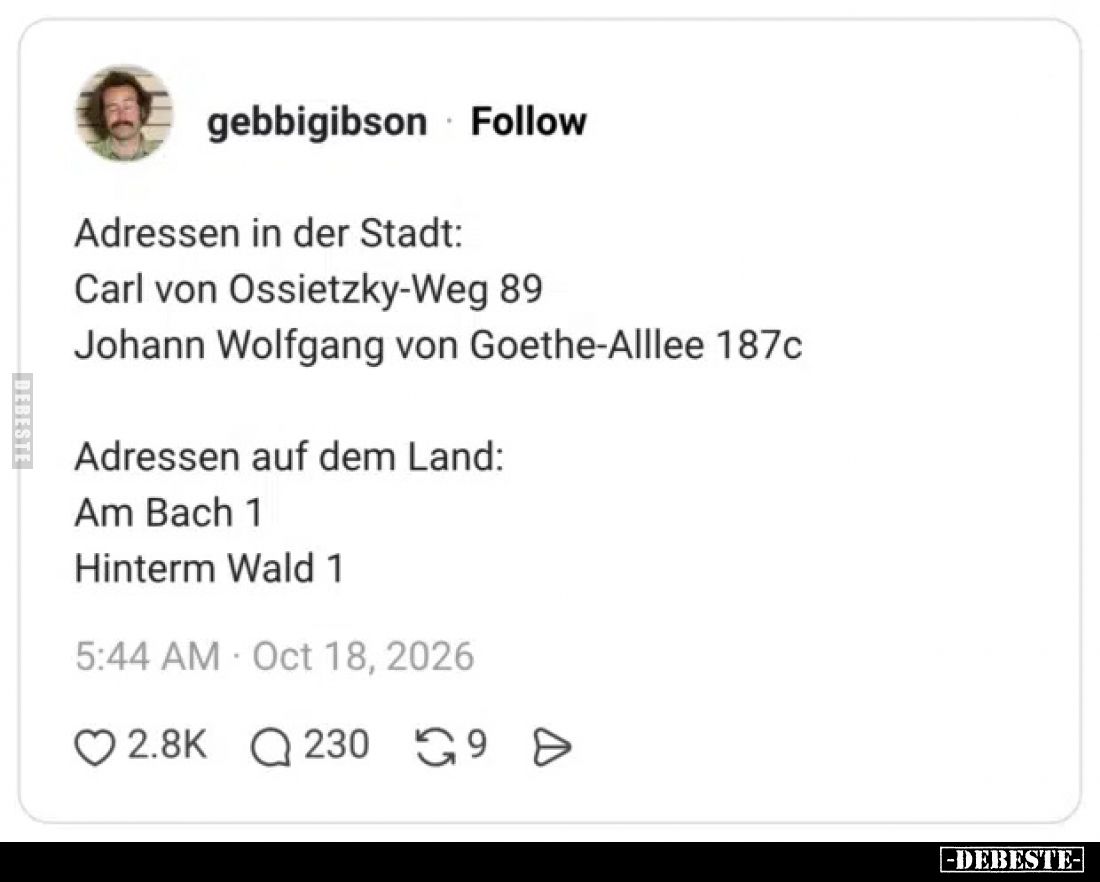 Adressen in der Stadt:
Carl von Ossietzky-Weg 89,
Johann Wolfgang von Goethe-Alllee 187c.

Adressen auf dem Land:
Am Bac...