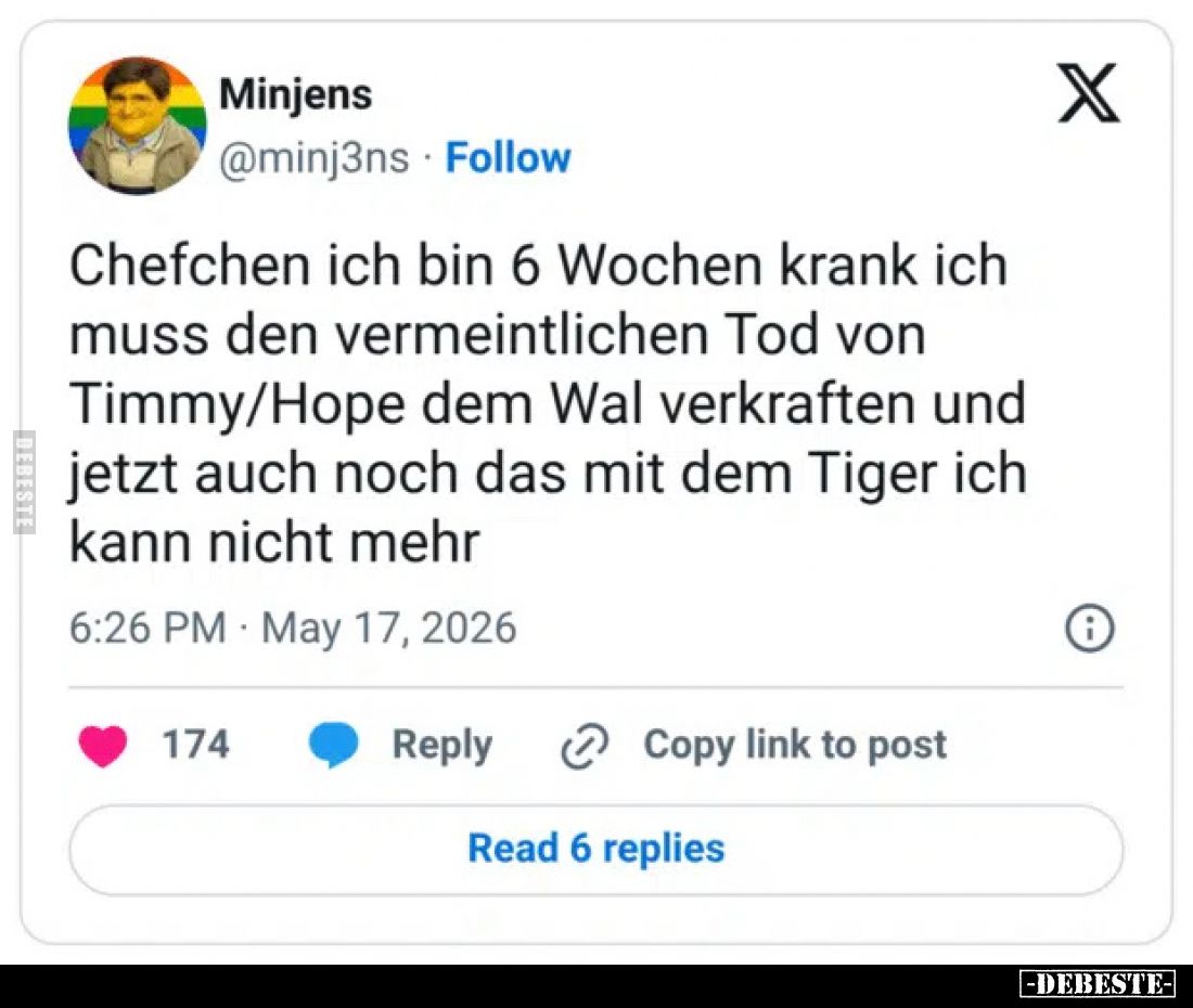 Chefchen ich bin 6 Wochen krank ich muss den vermeintlichen Tod von Timmy/Hope dem Wal verkraften und jetzt auch noch das mit...