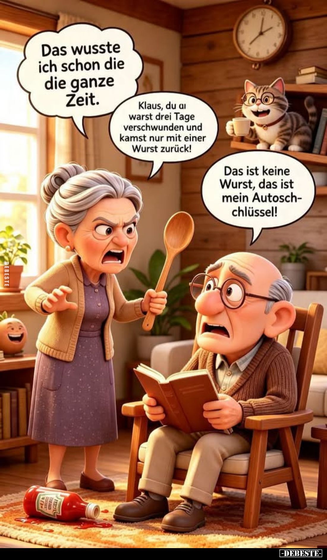 Das wusste ich schon die die ganze Zeit. -
Klaus, du warst drei Tage verschwunden und kamst nur mit einer Wurst zurück! -
D...