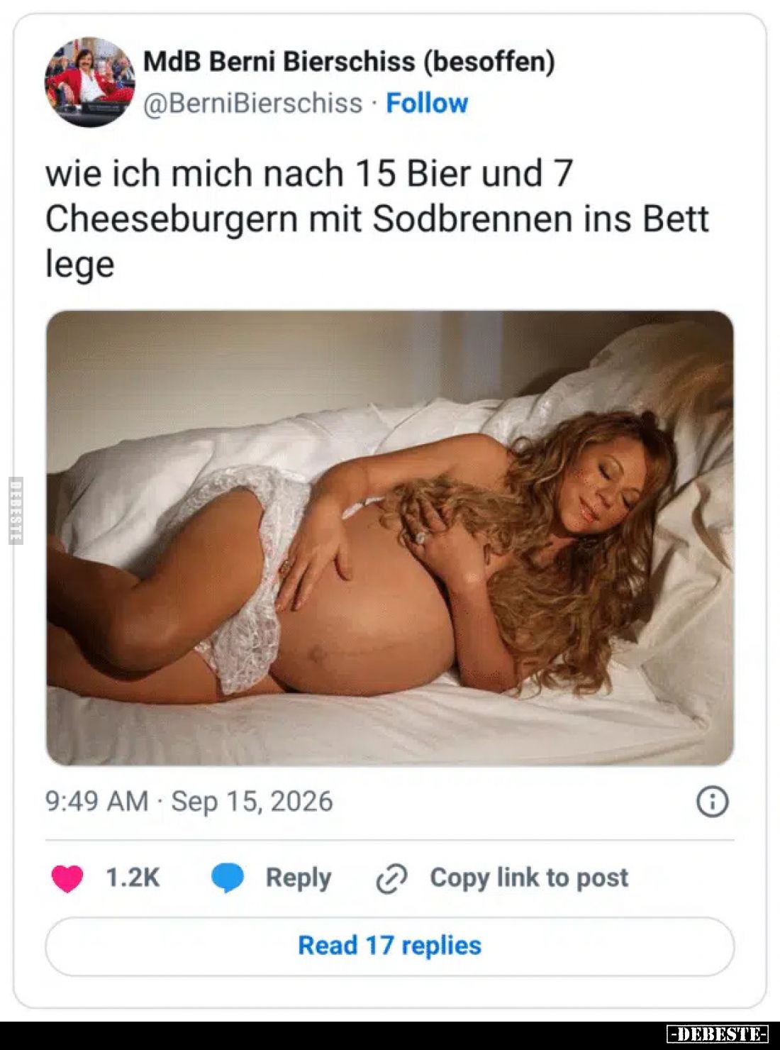 wie ich mich nach 15 Bier und 7 Cheeseburgern mit Sodbrennen ins Bett lege