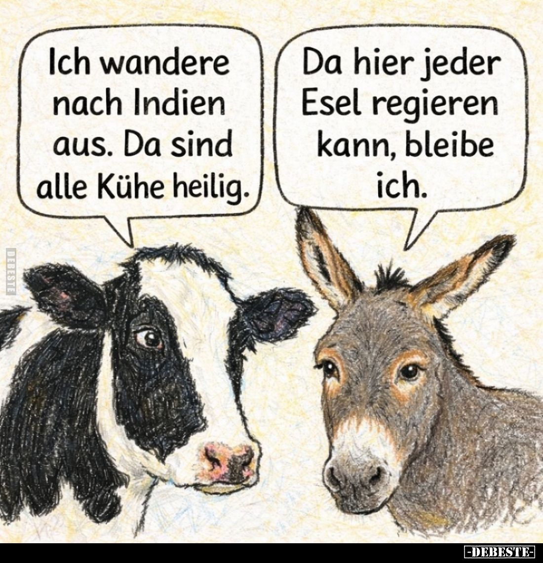 Ich wandere nach Indien aus. Da sind alle Kühe heilig. -
Da hier jeder Esel regieren kann, bleibe ich.