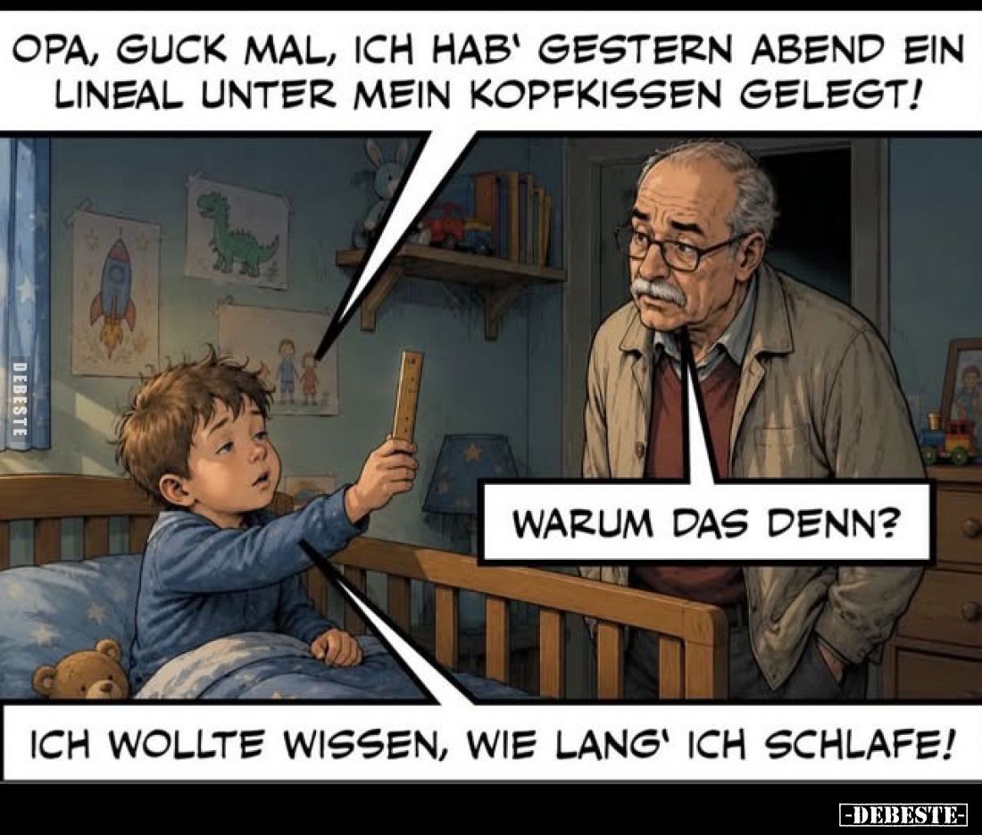 Opa, guck mal, ich hab' gestern Abend ein Lineal unter mein Kopfkissen gelegt!
-
Warum das denn?
-
Ich wollte wissen, wie...