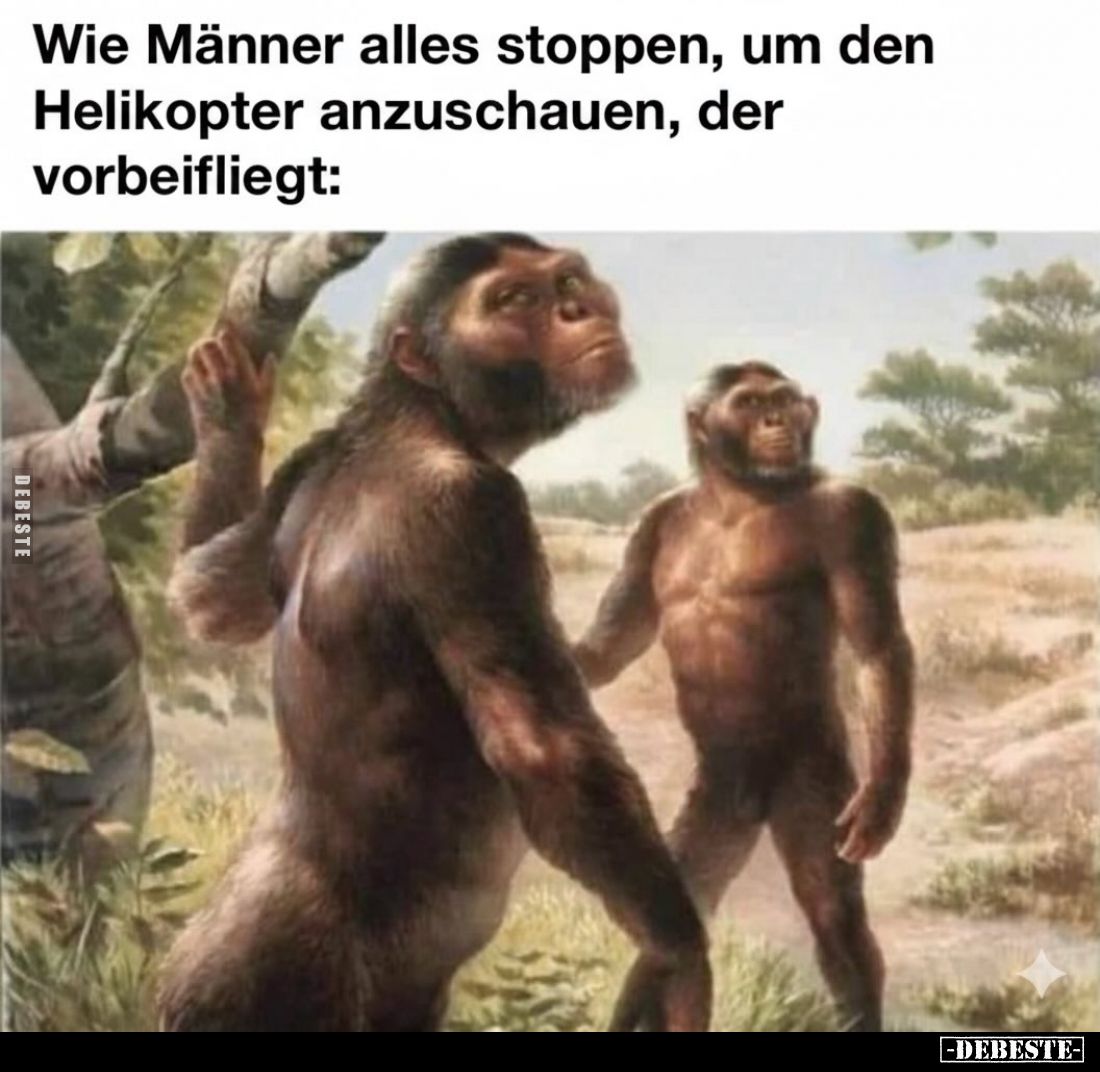 Wie Männer alles stoppen, um den Helikopter anzuschauen, der vorbeifliegt: