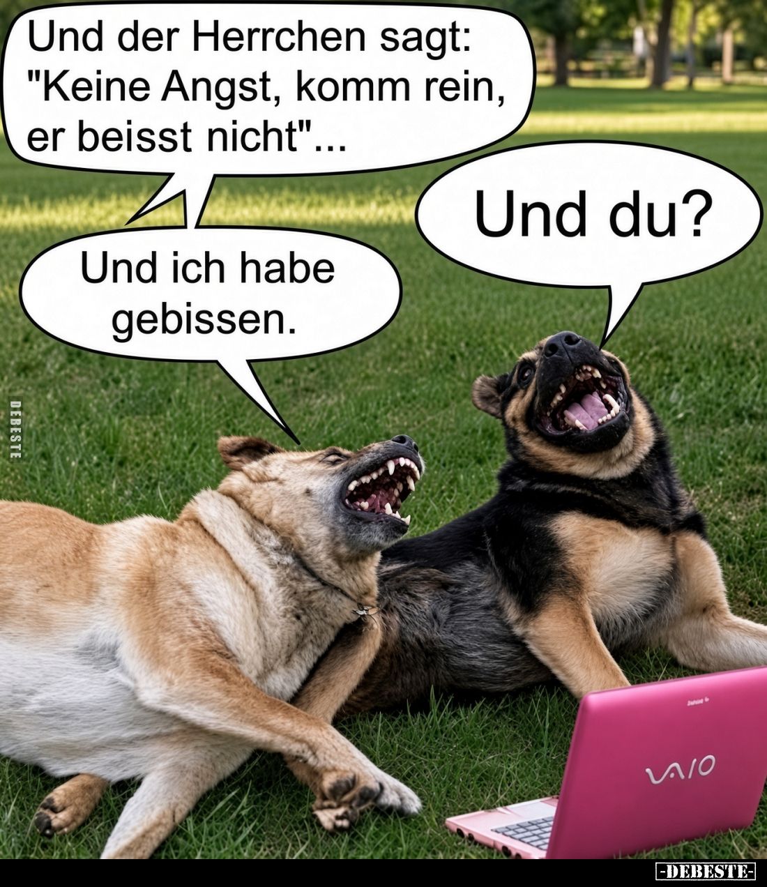 Und der Herrchen sagt:
"Keine Angst, komm rein,
er beißt nicht"...
Und du?
Und ich habe
gebissen.