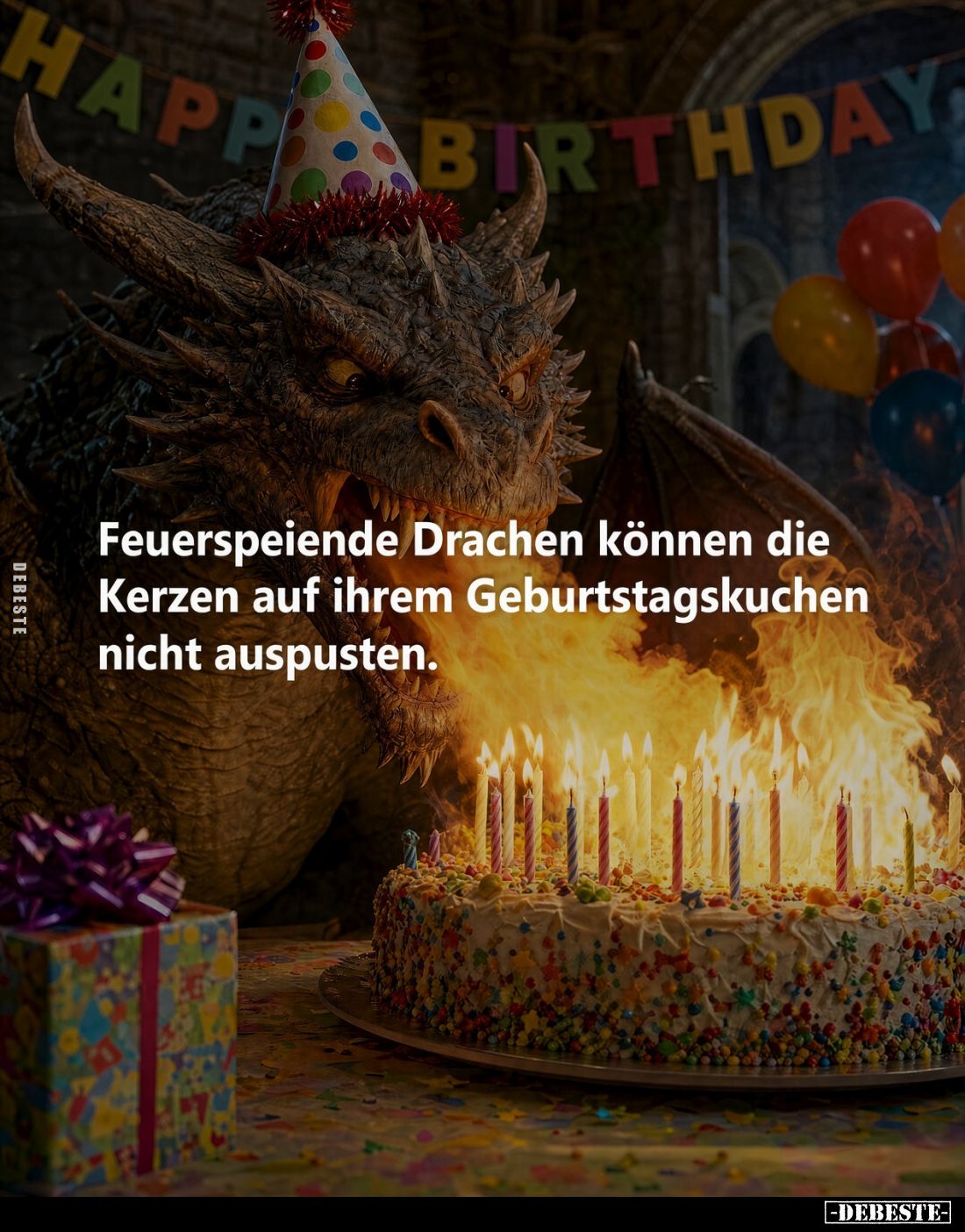 Feuerspeiende Drachen können die Kerzen auf ihrem Geburtstagskuchen nicht auspusten.