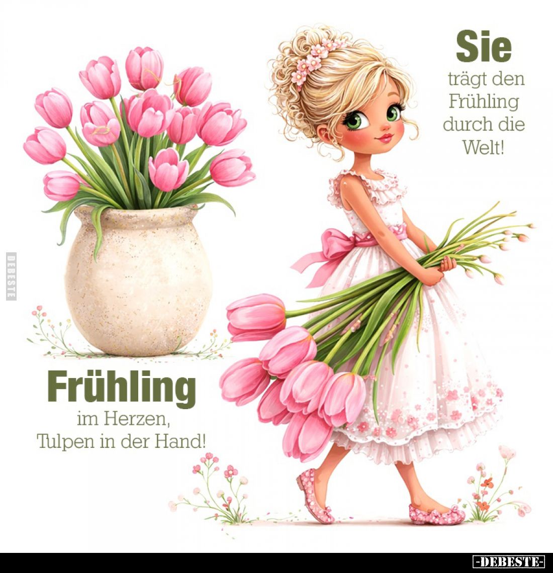 Sie
trägt den Frühling durch die Welt!

Frühling
im Herzen, Tulpen in der Hand!