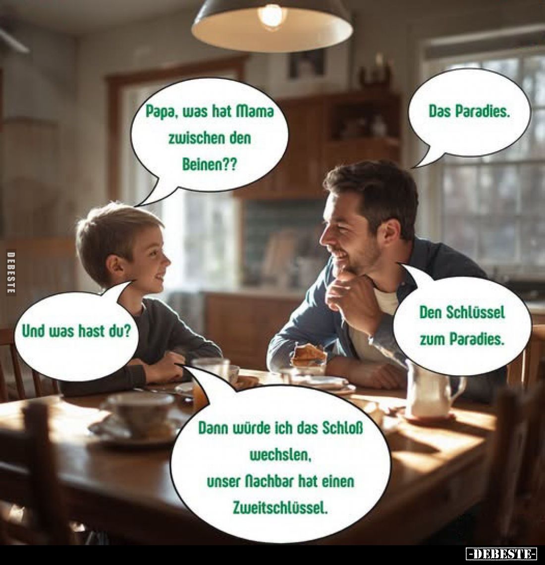 Papa, was hat Mama zwischen den Beinen??
Das Paradies.
Und was hast du?
Den Schlüssel zum Paradies.
Dann würde ich das Sc...
