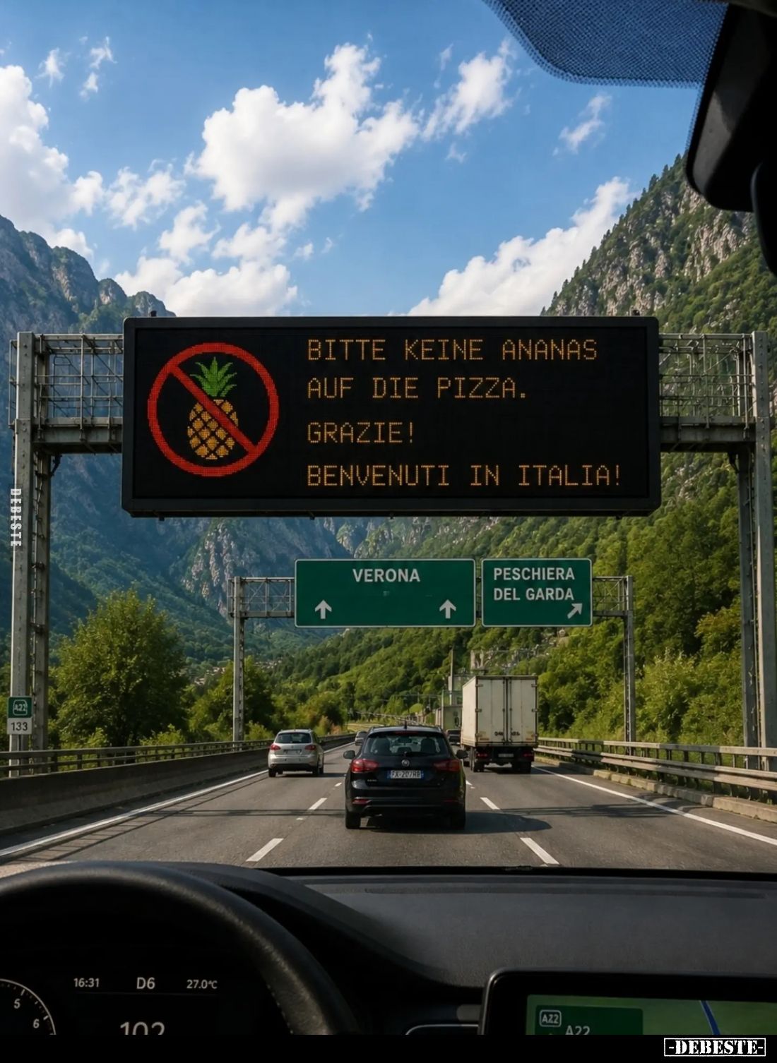 Bitte keine Ananas auf die Pizza.
Grazie!
Benvenuti in Italia!
